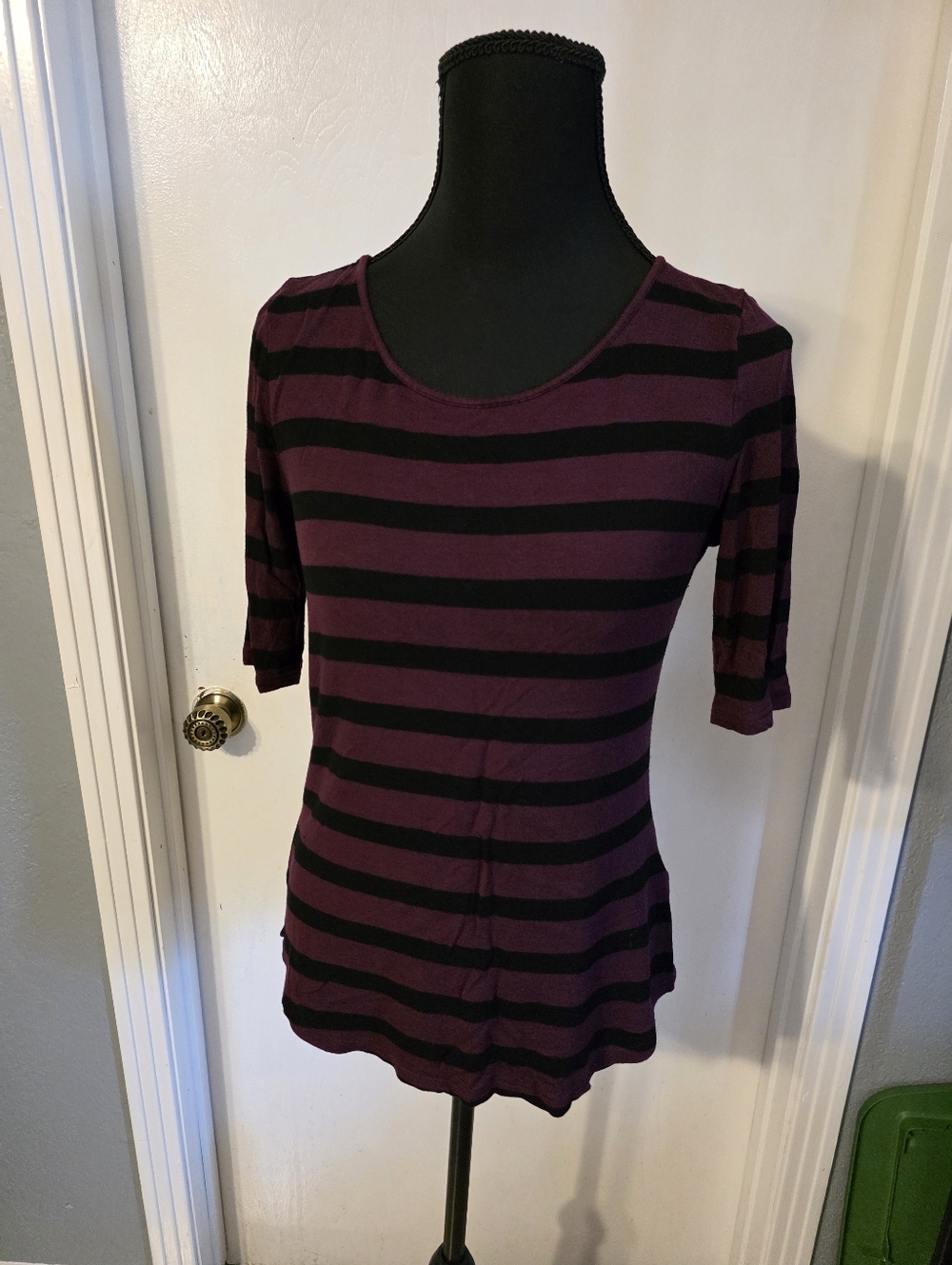 Apt. 9 Purple and Black Striped Scoop Neck Tee